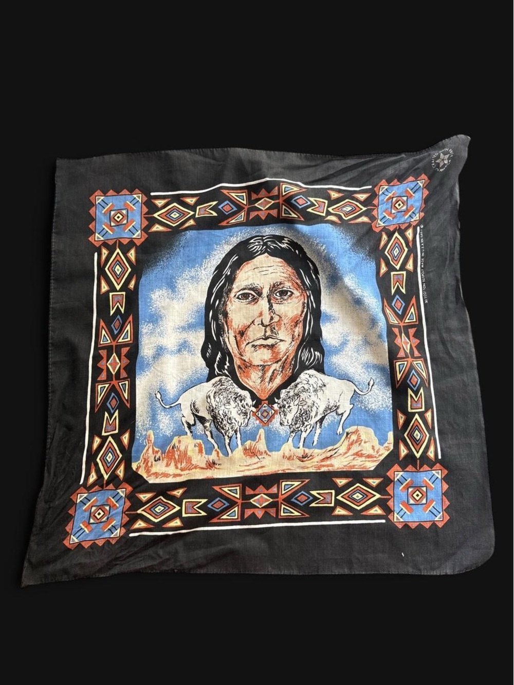Black Native-Inspired Cotton Bandana Scarf with Blue and Tan Accents